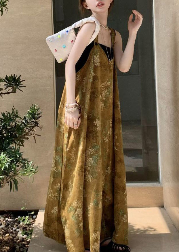 New Yellow Print Button Cotton Wide Leg Jumpsuits Sleeveless