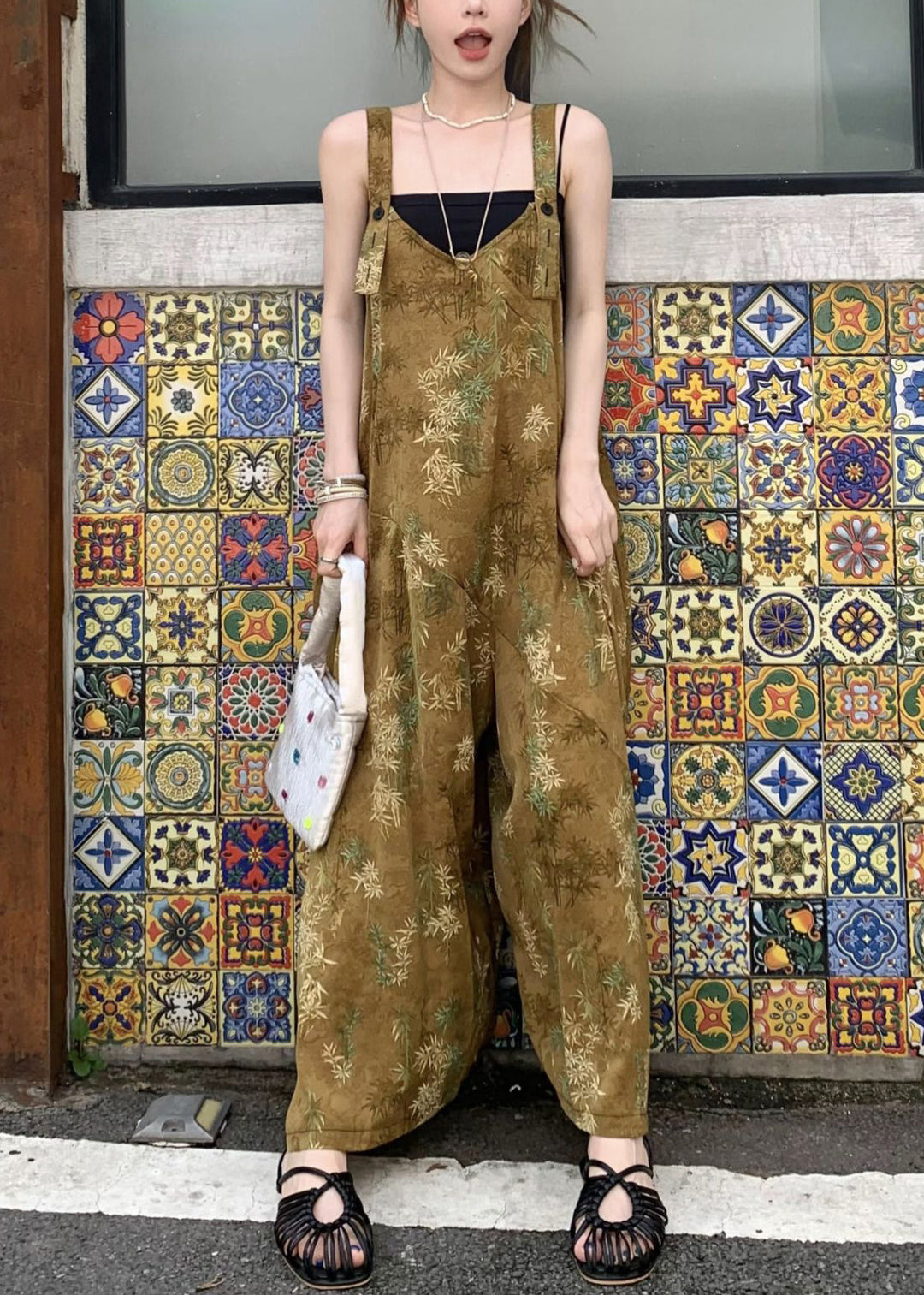 New Yellow Print Button Cotton Wide Leg Jumpsuits Sleeveless