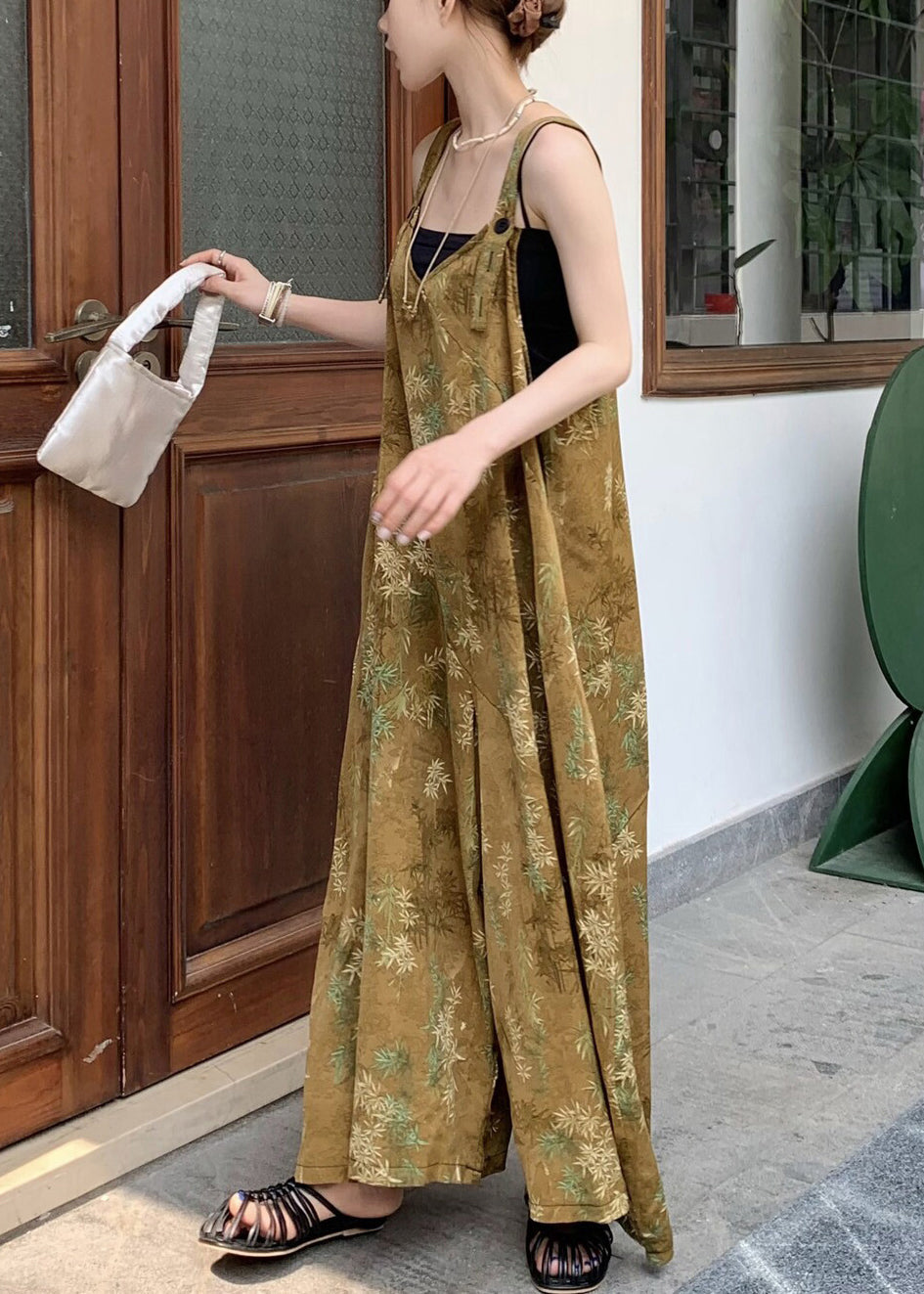 New Yellow Print Button Cotton Wide Leg Jumpsuits Sleeveless