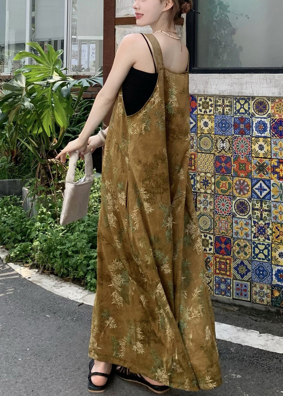 New Yellow Print Button Cotton Wide Leg Jumpsuits Sleeveless