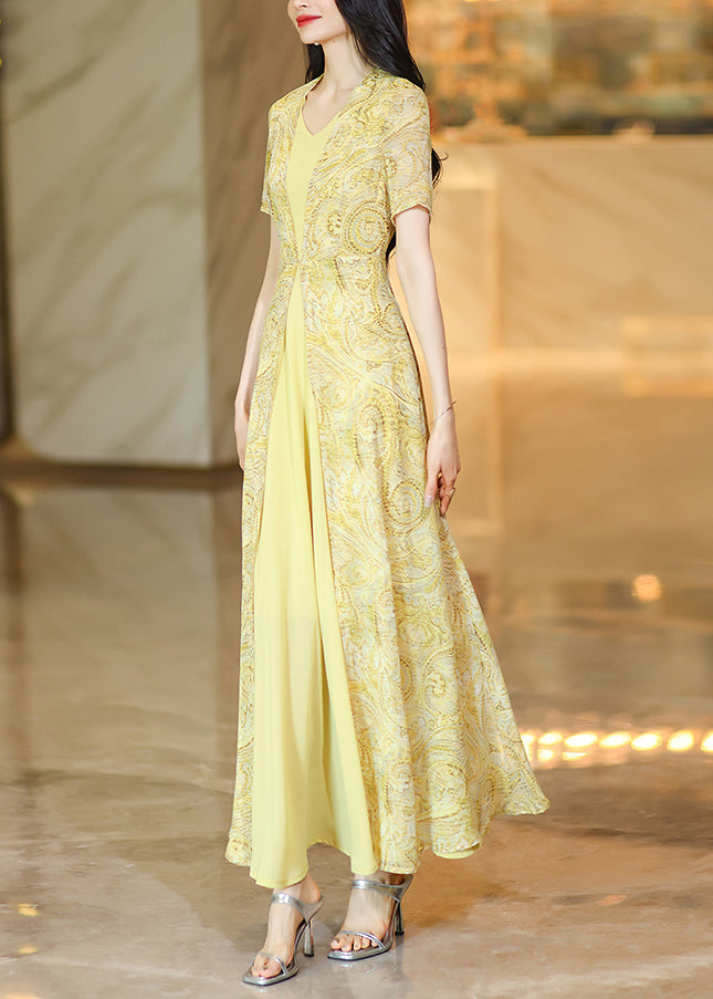 New Yellow Print False Two Pieces Patchwork Chiffon Dress Summer