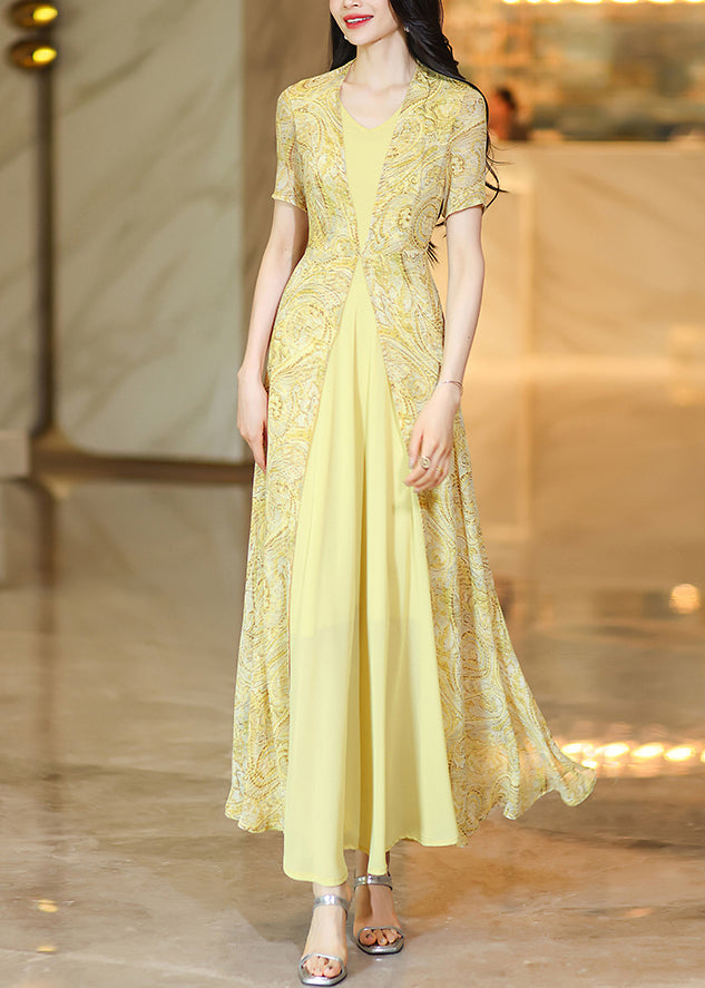 New Yellow Print False Two Pieces Patchwork Chiffon Dress Summer