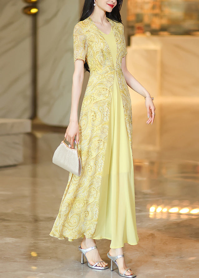New Yellow Print False Two Pieces Patchwork Chiffon Dress Summer
