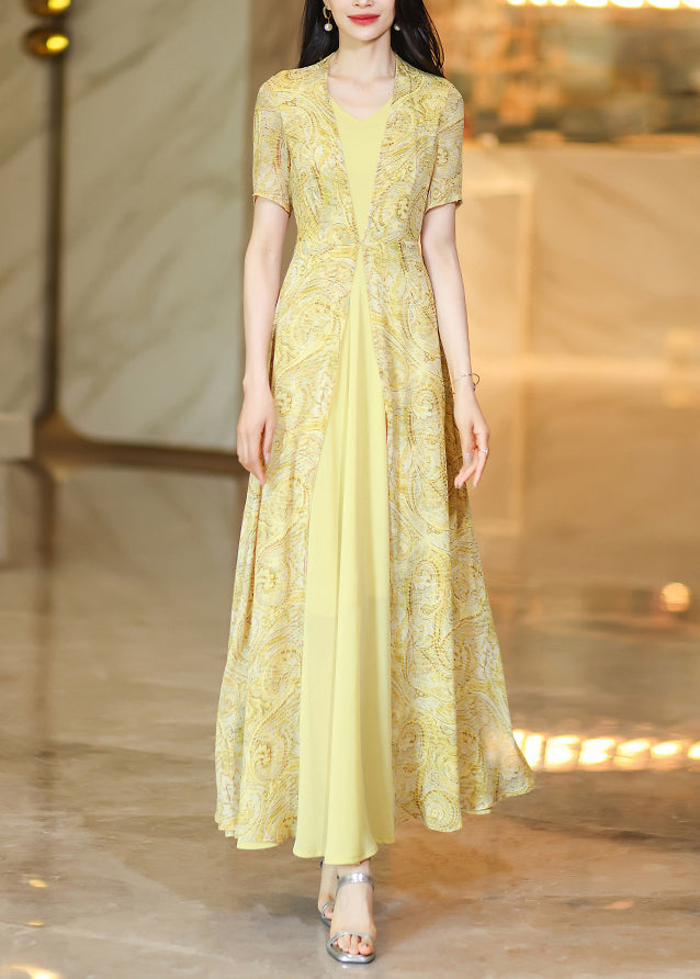New Yellow Print False Two Pieces Patchwork Chiffon Dress Summer