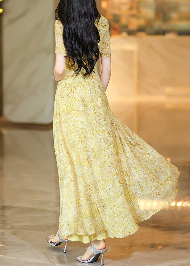 New Yellow Print False Two Pieces Patchwork Chiffon Dress Summer