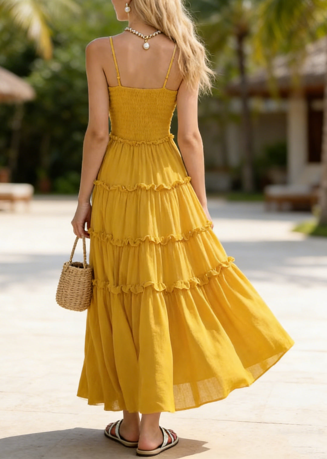 New Yellow Ruffled Patchwork Chiffon Spaghetti Strap Dress Summer - Omychic