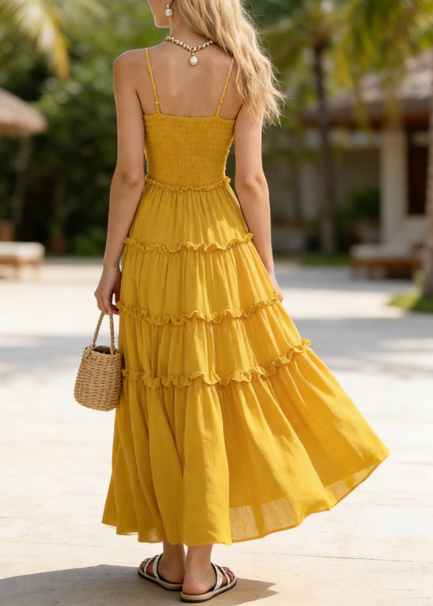 New Yellow Ruffled Patchwork Chiffon Spaghetti Strap Dress Summer - Omychic