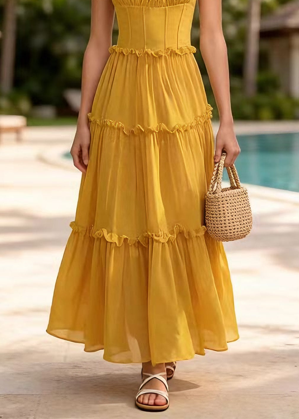 New Yellow Ruffled Patchwork Chiffon Spaghetti Strap Dress Summer - Omychic