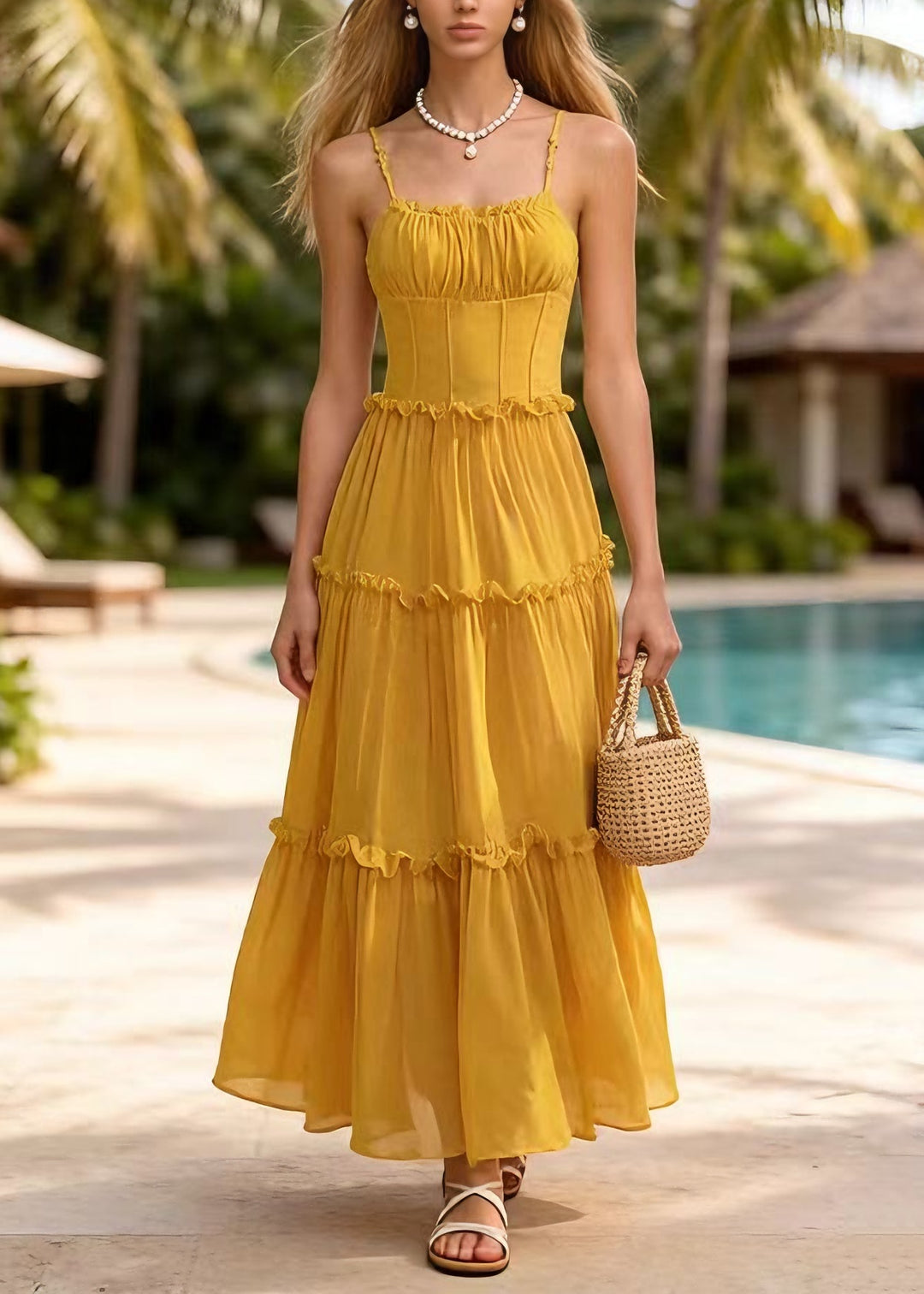 New Yellow Ruffled Patchwork Chiffon Spaghetti Strap Dress Summer - Omychic
