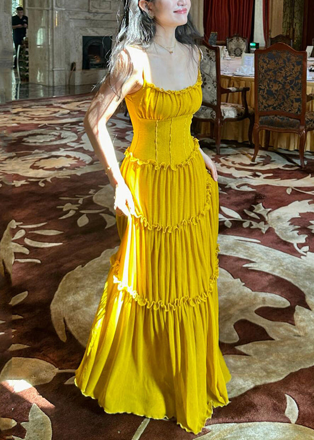 New Yellow Ruffled Solid Cotton Spaghetti Strap Dress Sleeveless