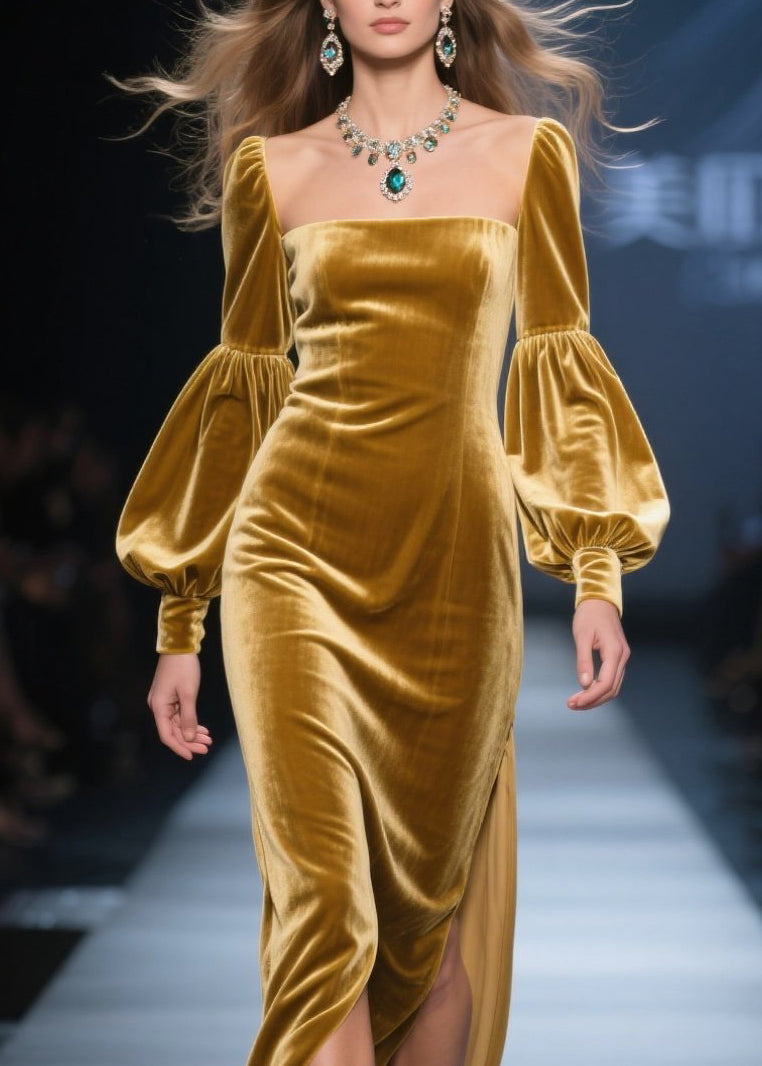 New Yellow Square Collar Side Open Velvet Maxi Dresses Fall