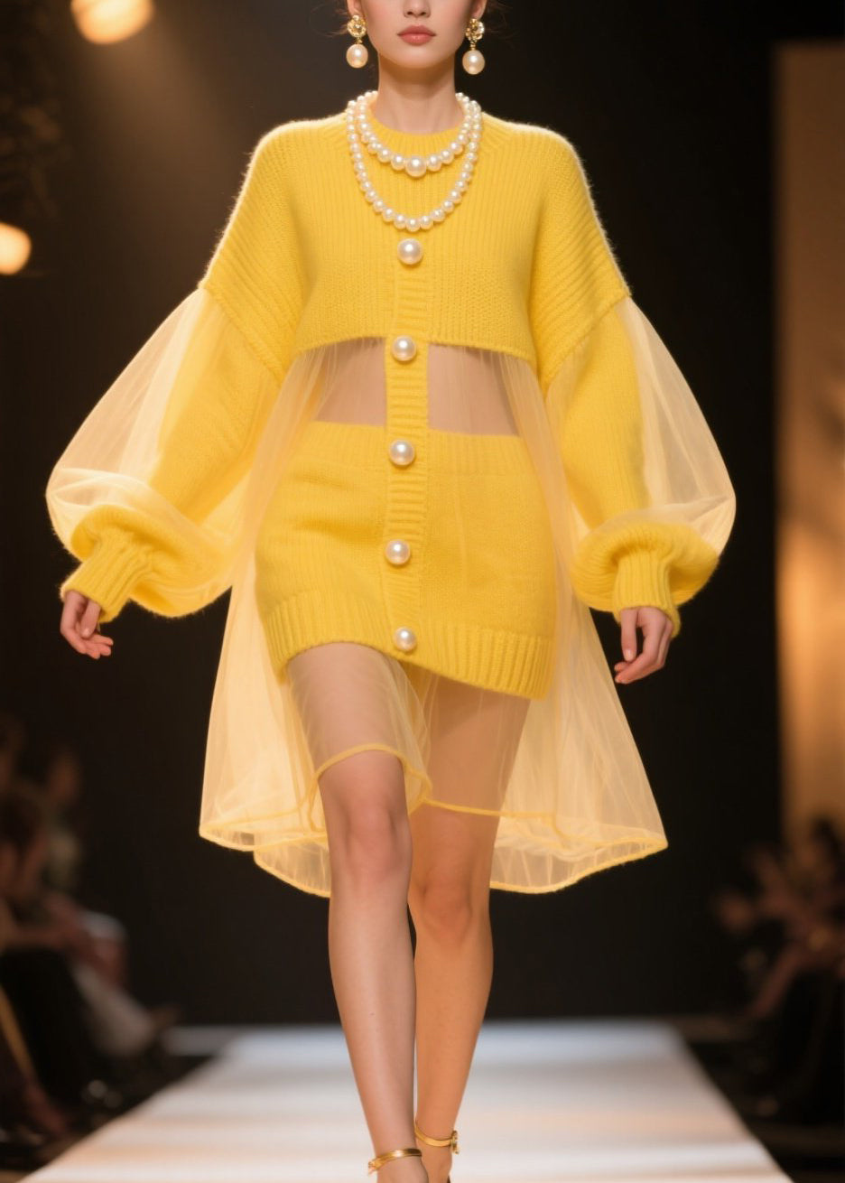 New Yellow Tulle Patchwork Knit Sweater Dress Lantern Sleeve