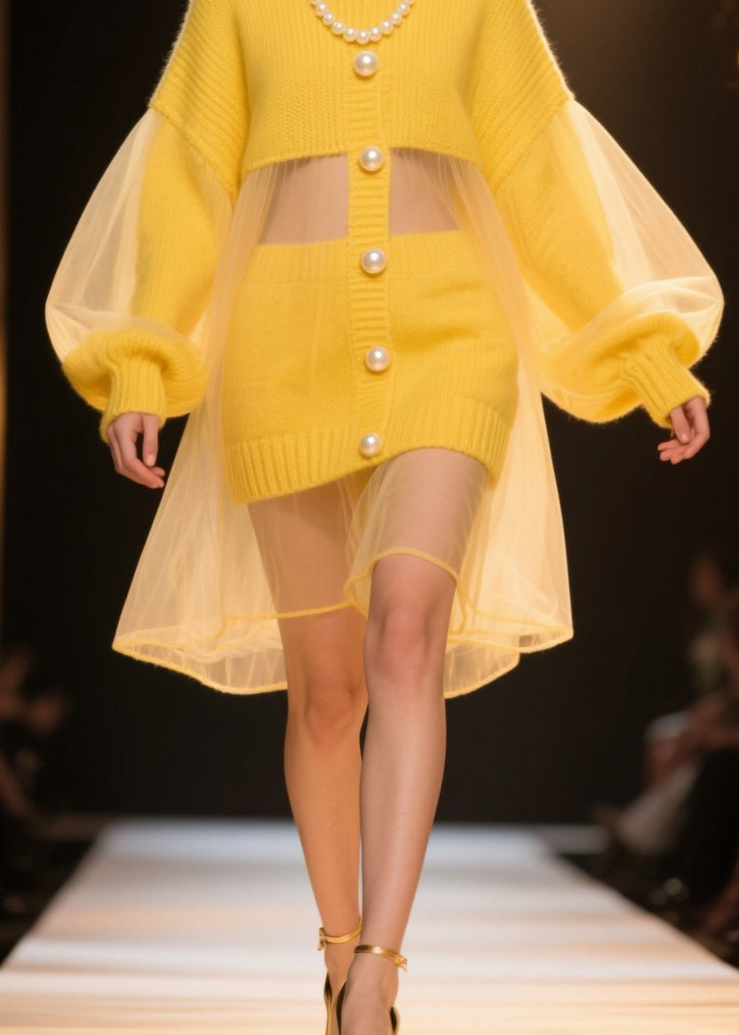 New Yellow Tulle Patchwork Knit Sweater Dress Lantern Sleeve
