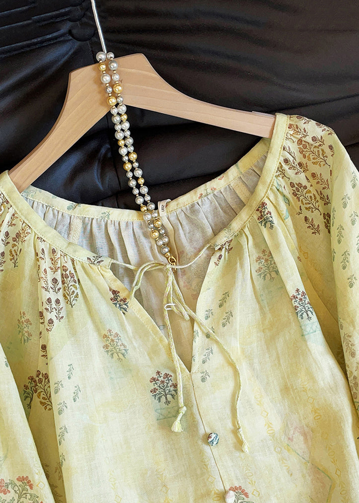 New Yellow V Neck Print Lace Up Cotton Blouse Tops Fall