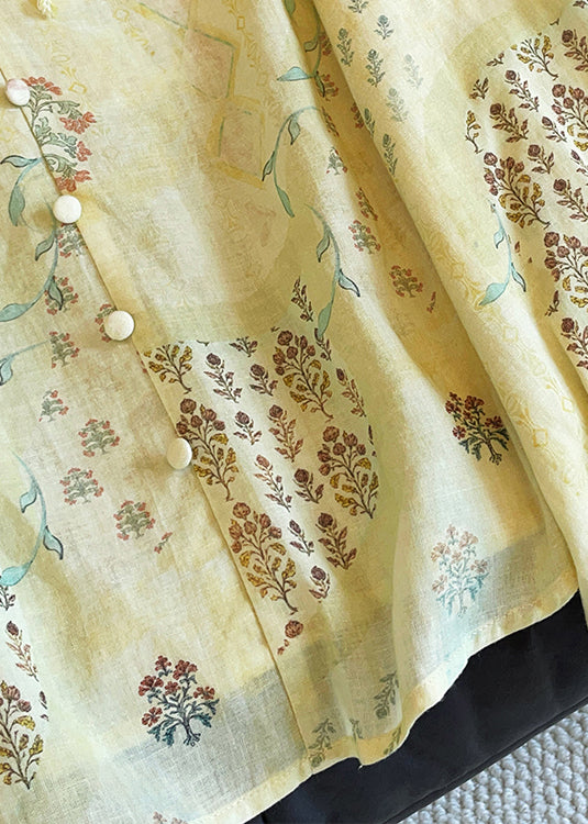 New Yellow V Neck Print Lace Up Cotton Blouse Tops Fall