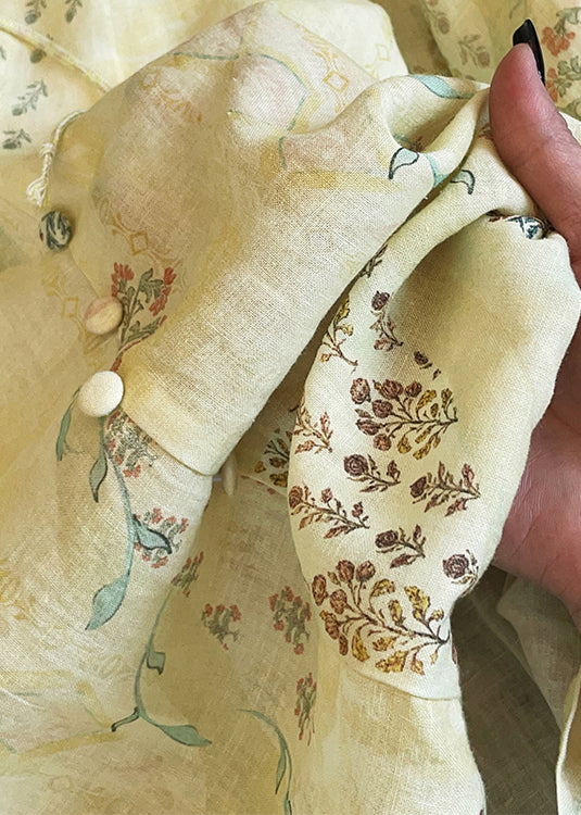 New Yellow V Neck Print Lace Up Cotton Blouse Tops Fall