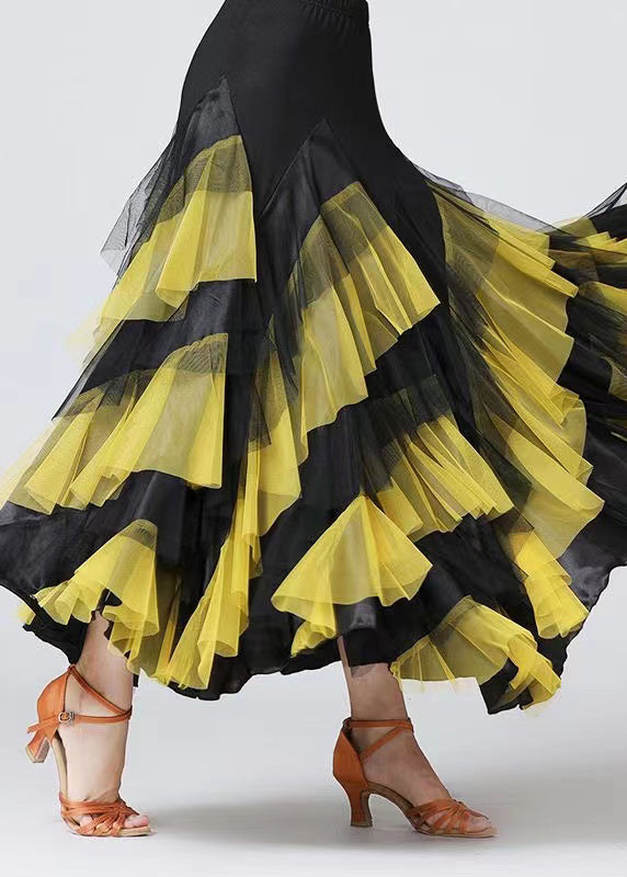 New Yellow Wrinkled Patchwork Elastic Waist Tulle Skirts Spring