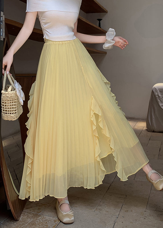 New Yellow Wrinkled Side Open Elastic Waist Skirts