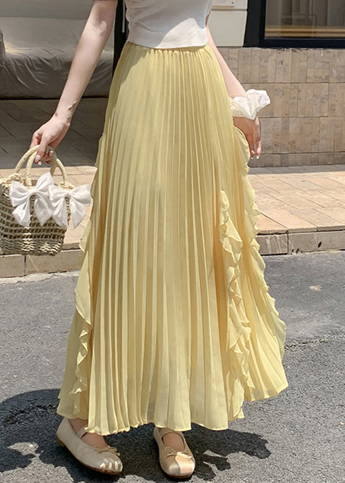 New Yellow Wrinkled Side Open Elastic Waist Skirts