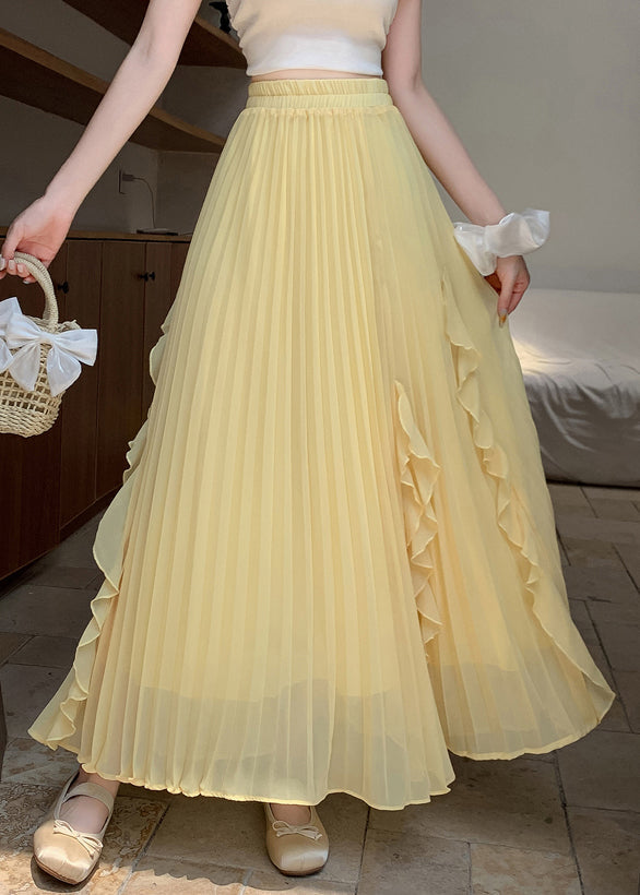 New Yellow Wrinkled Side Open Elastic Waist Skirts