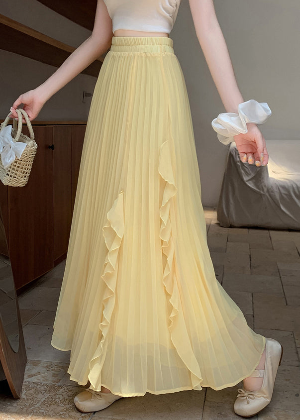 New Yellow Wrinkled Side Open Elastic Waist Skirts