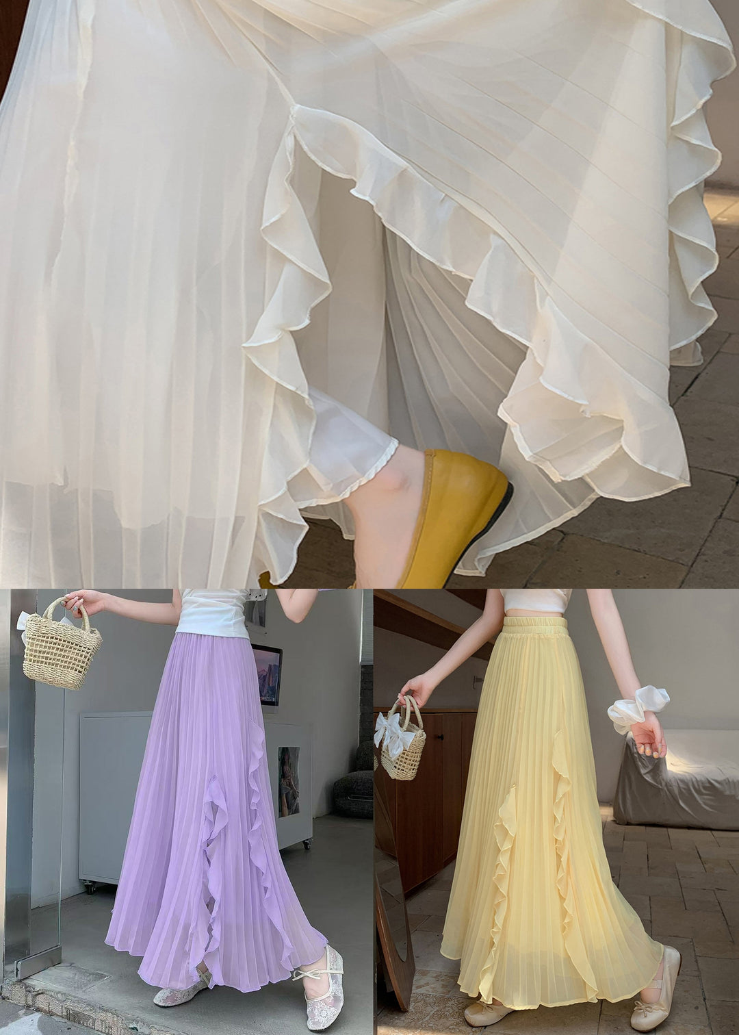 New Yellow Wrinkled Side Open Elastic Waist Skirts