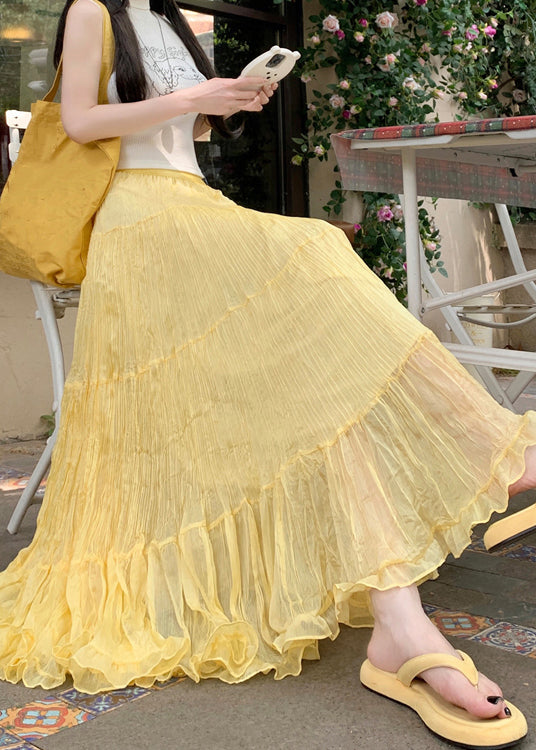 New Yellow Wrinkled Solid Tulle Skirts Summer