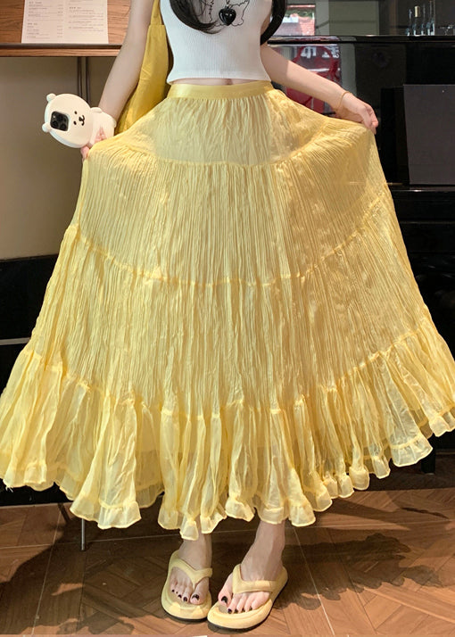 New Yellow Wrinkled Solid Tulle Skirts Summer