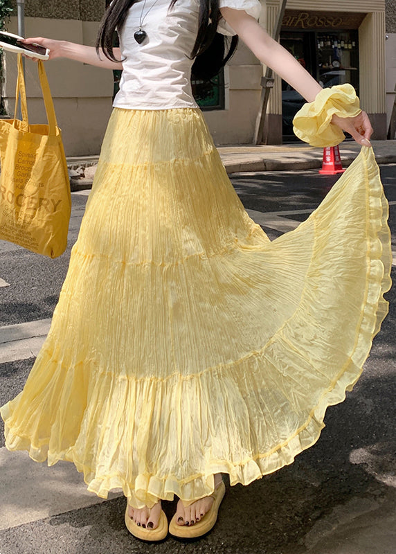 New Yellow Wrinkled Solid Tulle Skirts Summer