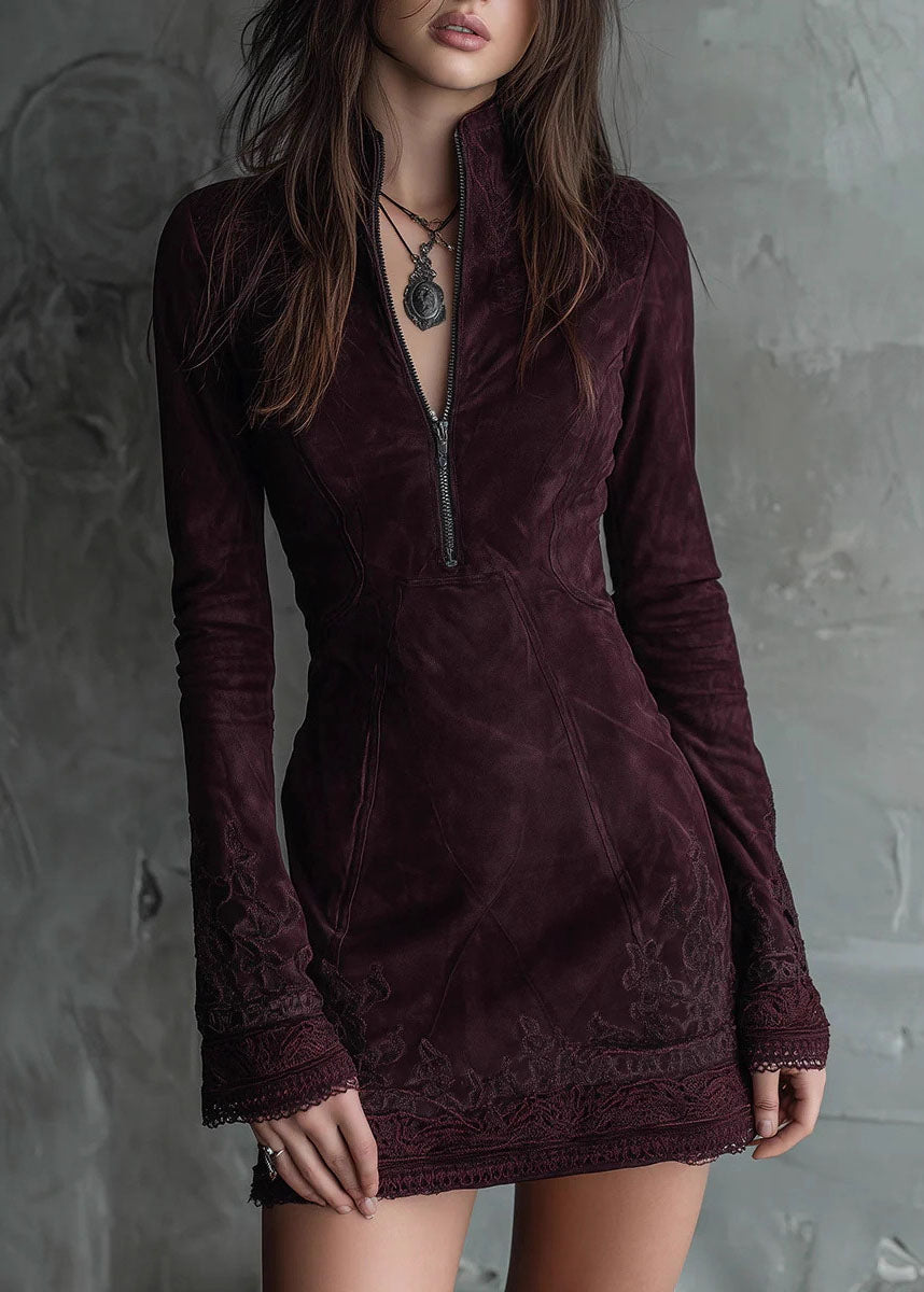 New Zip Up Embroidered Lace Faux Suede Mid Dresses Fall