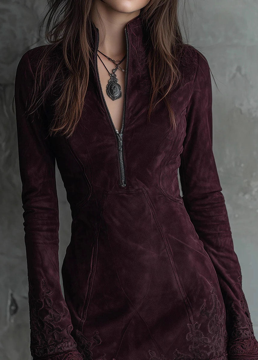 New Zip Up Embroidered Lace Faux Suede Mid Dresses Fall