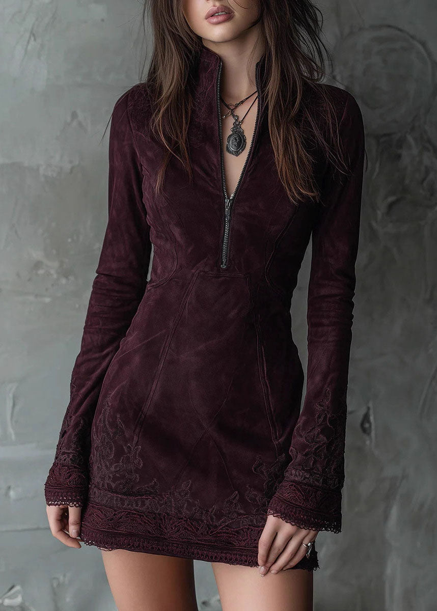 New Zip Up Embroidered Lace Faux Suede Mid Dresses Fall