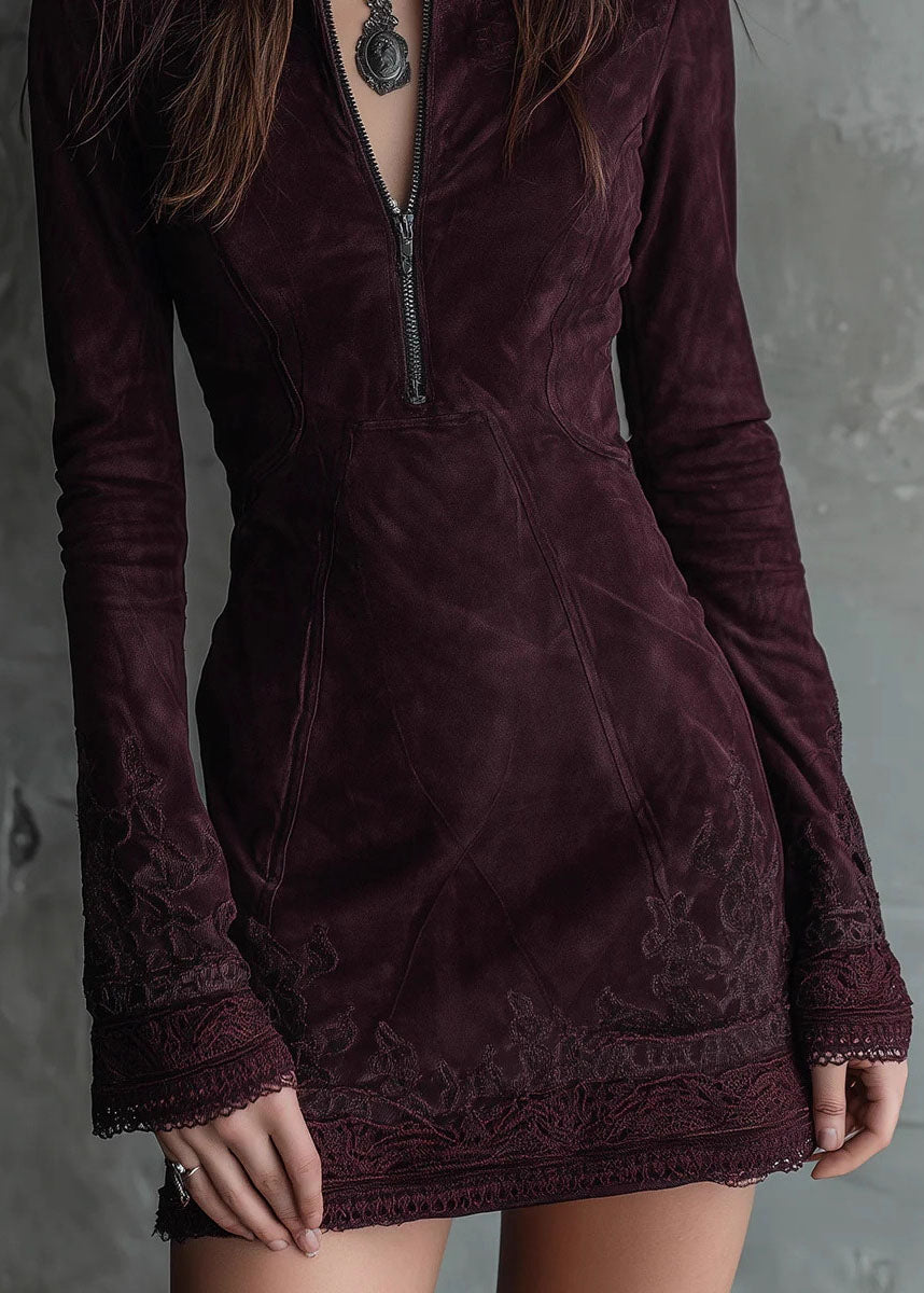 New Zip Up Embroidered Lace Faux Suede Mid Dresses Fall