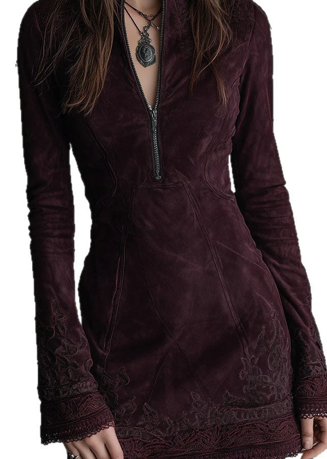 New Zip Up Embroidered Lace Faux Suede Mid Dresses Fall
