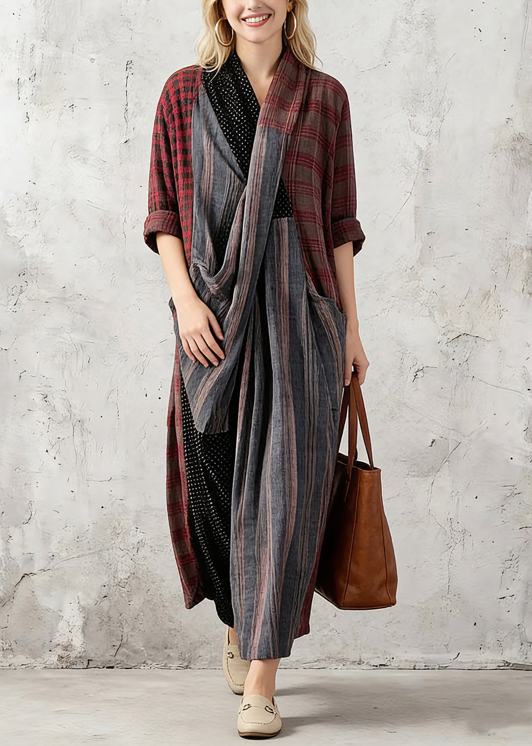 New red Plaid Oversize V Neck Patchwork Linen Clothing Dress Women Pockets Asymmetrical Design Caftans1