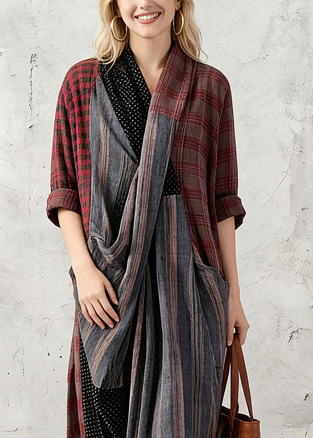 New red Plaid Oversize V Neck Patchwork Linen Clothing Dress Women Pockets Asymmetrical Design Caftans1