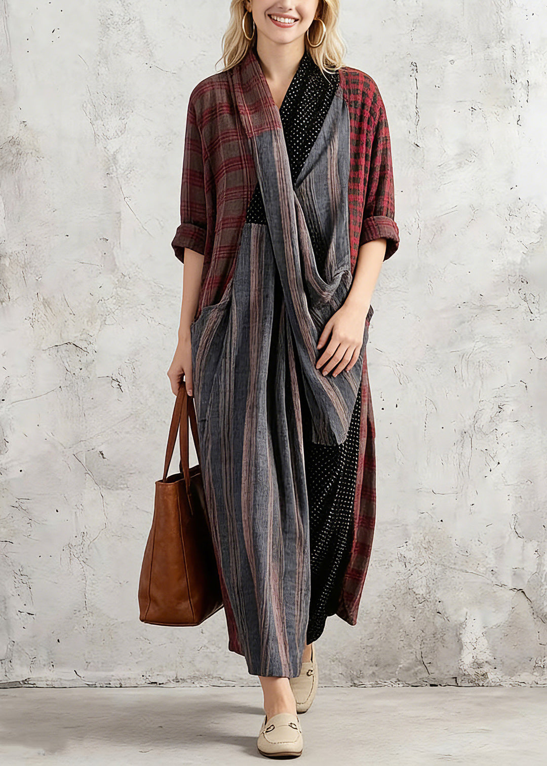 New red Plaid Oversize V Neck Patchwork Linen Clothing Dress Women Pockets Asymmetrical Design Caftans1