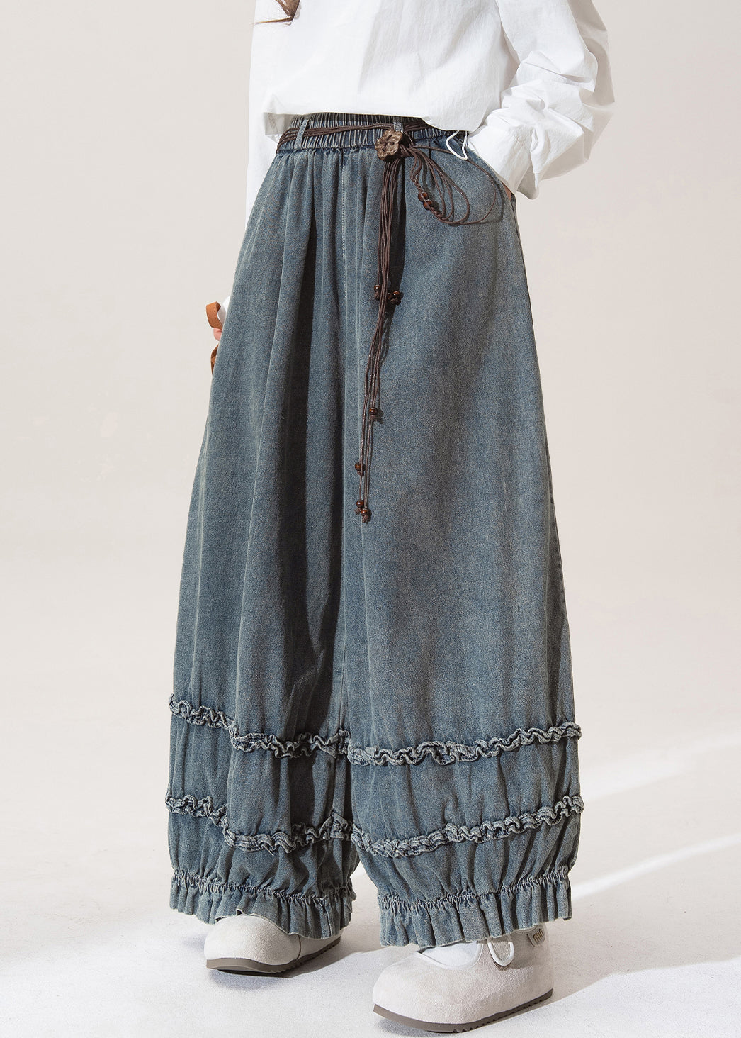 Nostalgic Blue Patchwork Elastic Waist Wide Leg Jeans