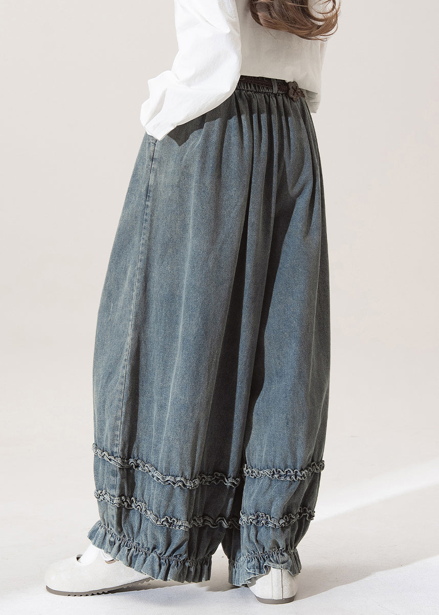 Nostalgic Blue Patchwork Elastic Waist Wide Leg Jeans