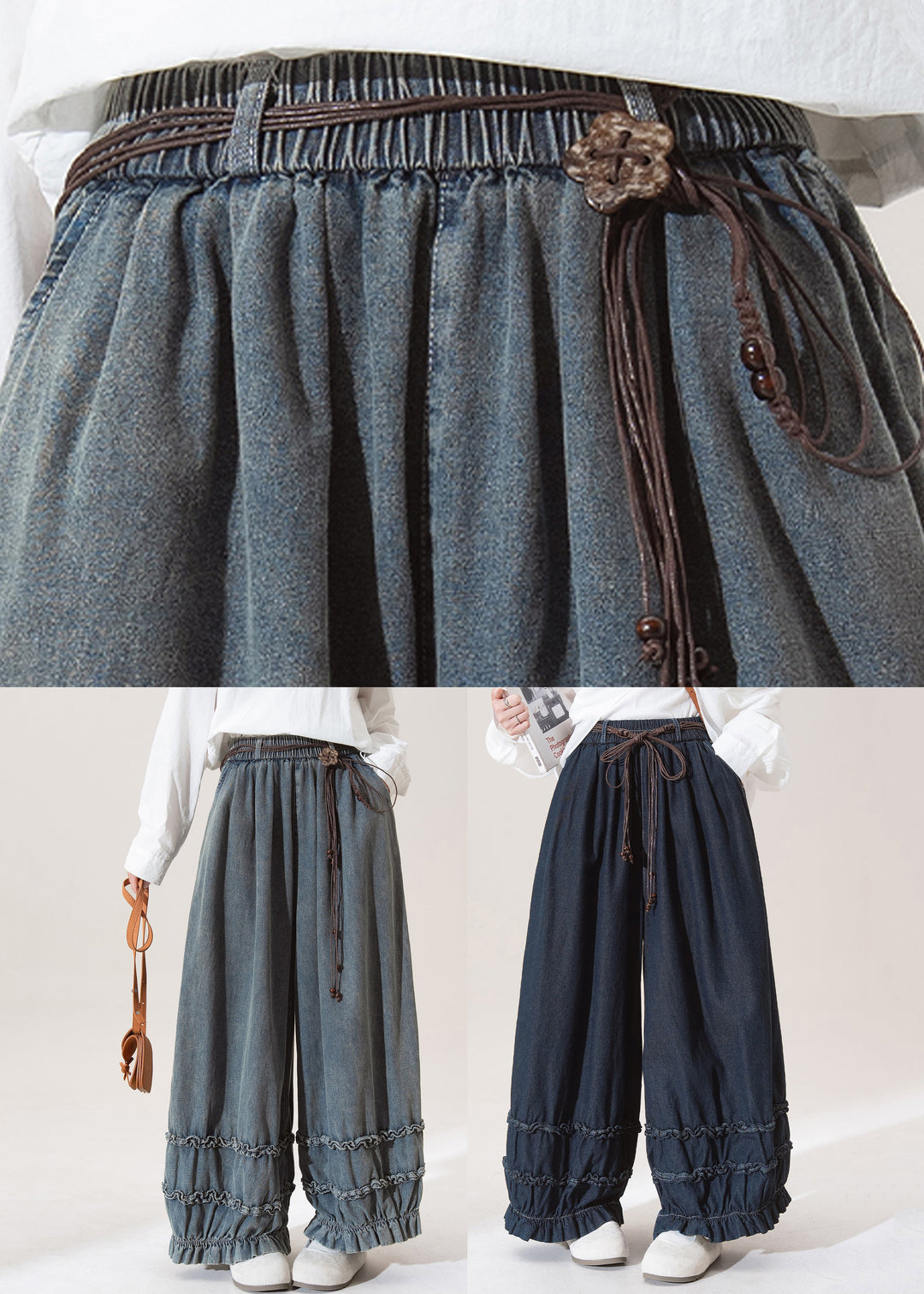 Nostalgic Blue Patchwork Elastic Waist Wide Leg Jeans
