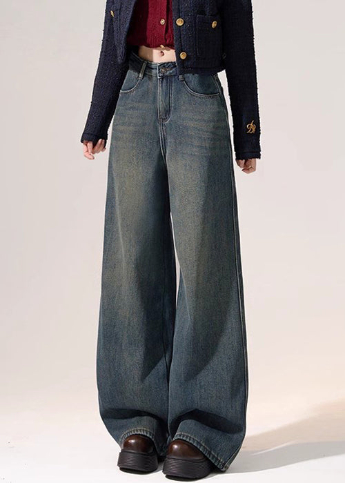 Nostalgic Blue Pockets Warm Fleece Denim Wide Leg Pants High Waist