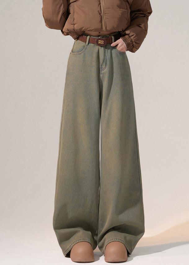 Nostalgic Blue Pockets Warm Fleece Denim Wide Leg Pants High Waist