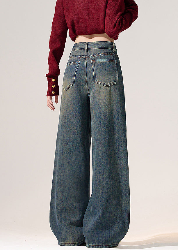 Nostalgic Blue Pockets Warm Fleece Denim Wide Leg Pants High Waist