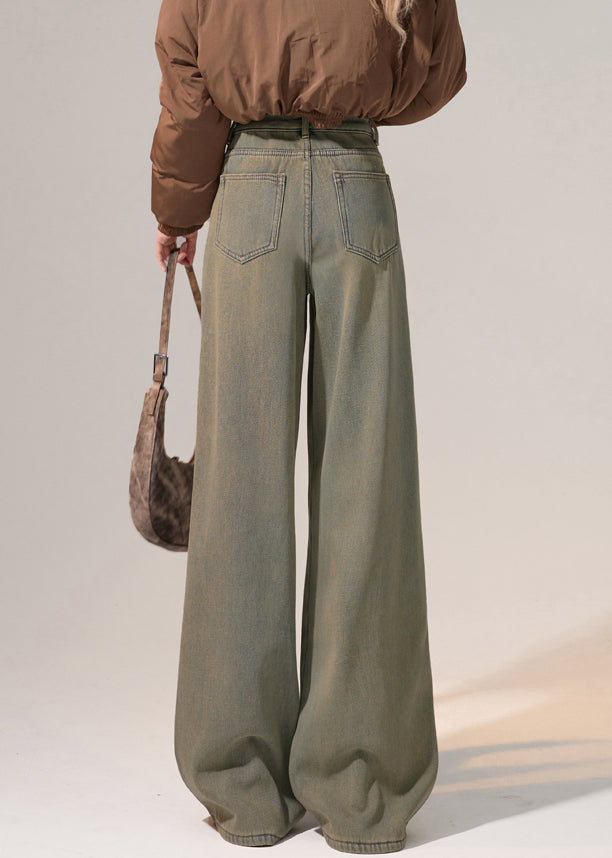 Nostalgic Blue Pockets Warm Fleece Denim Wide Leg Pants High Waist
