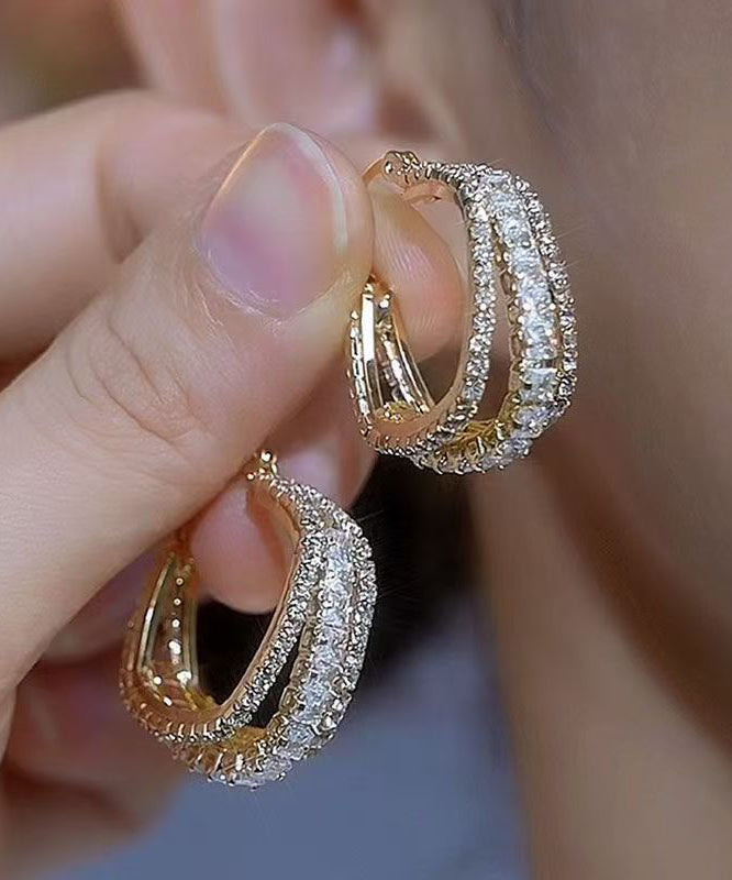 Novelt Gold Copper Alloy Three Floors Square Zircon Hoop Earrings