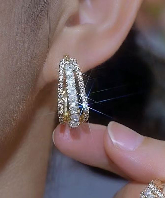 Novelt Gold Copper Alloy Three Floors Square Zircon Hoop Earrings