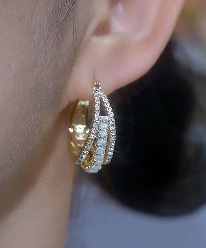 Novelt Gold Copper Alloy Three Floors Square Zircon Hoop Earrings