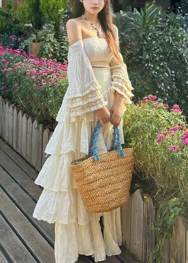 Novelty Apricot Slash Neck Wrinkled Solid Cotton Two Piece Set Flare Sleeve