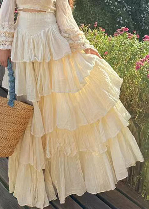 Novelty Apricot Slash Neck Wrinkled Solid Cotton Two Piece Set Flare Sleeve