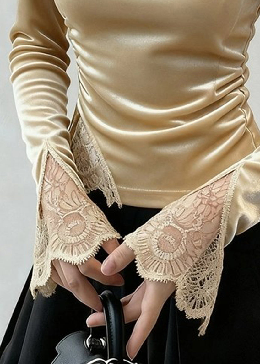 Novelty Apricot Square Collar Lace Patchwork Silk Velour T Shirts Fall